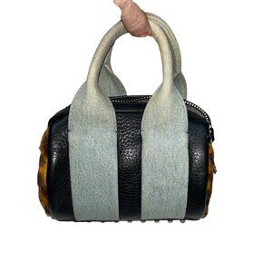 Alexander Wang Chambray denim Leopard pony STUDDED leather mini barrel bag